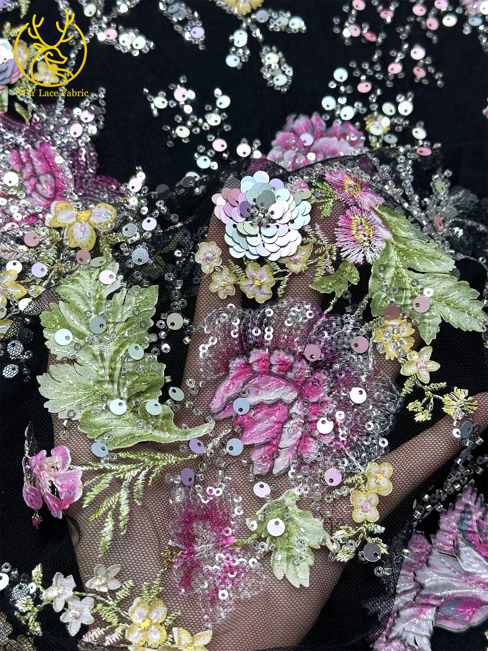 Elegante DIY handgemachte Stickerei-Blumenspitze, afrikanische Perlen-Spitze, französische Pailletten-Tüllspitze für Hochzeitskleid-Design – Detail 12