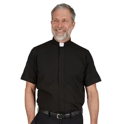 Summer Clergy Shirt Men Short Sleeve Tab Collar Christian Catholic Black Tops Pastor Preacher Minister Clerical Priest Costume