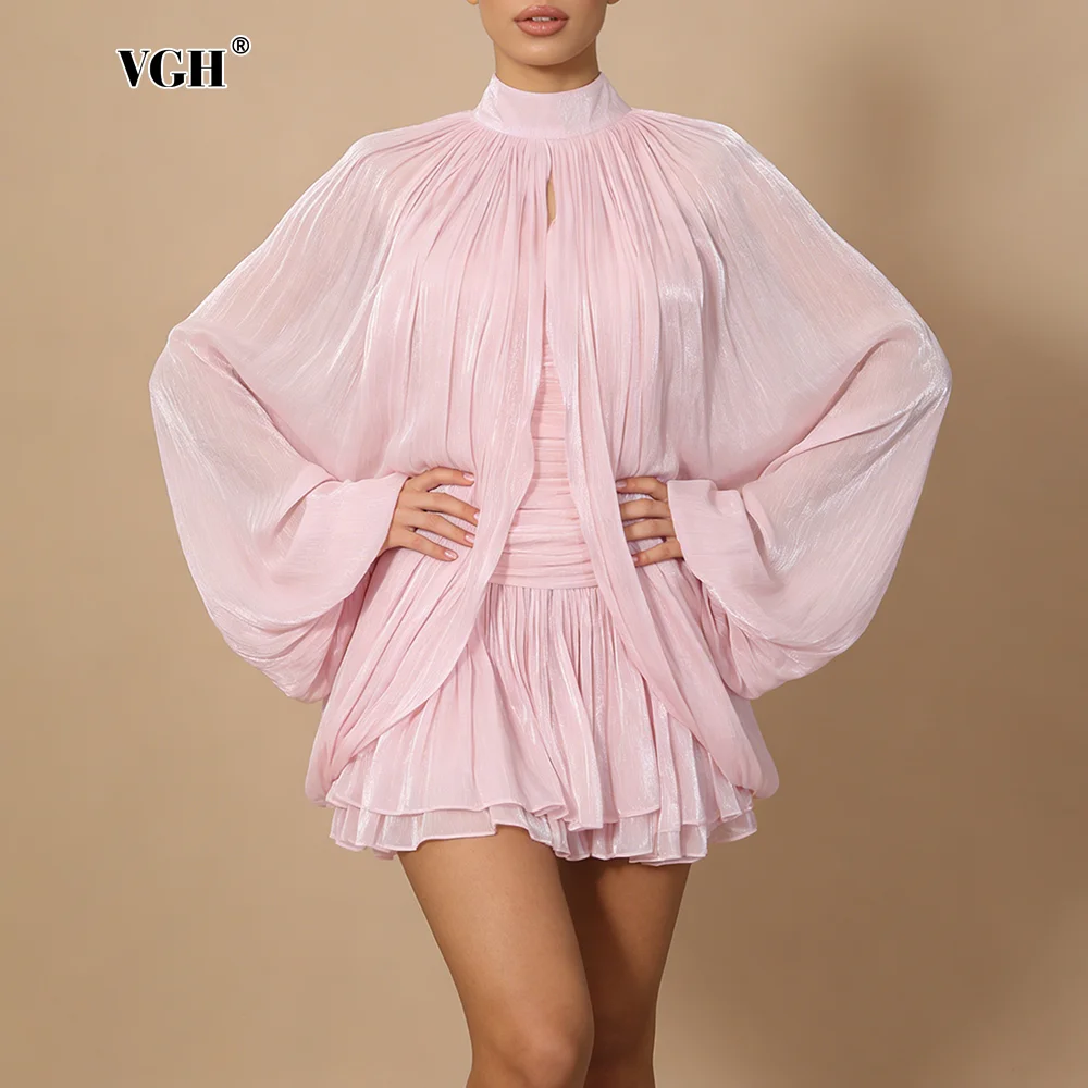 VGH Chic Birthday Party Pink Pleates Ruffled Mini Dress for Women Strapless Design Shiny Fabric with Smock for Stylish Outings