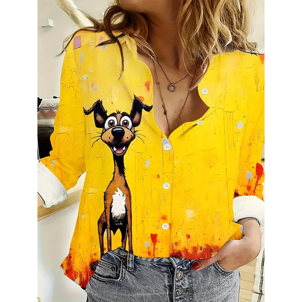 2024 Elegant 3d Cute Cat Print Long Sleeve Tops Fashion Autumn Basic Shirts Single-Breasted Blouse Plus Size Women\'s  Clothing