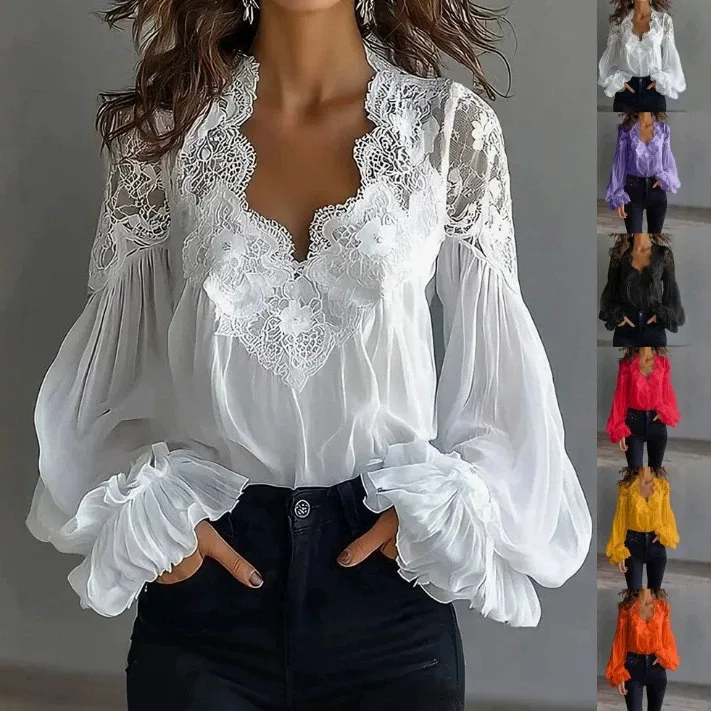 

Women's Blouse Tops For Woman Long Sleeve Solid Color Blouses Women's Shirt V Neck Puff Sleeve Chiffon Blouse Sheer Floral Lace