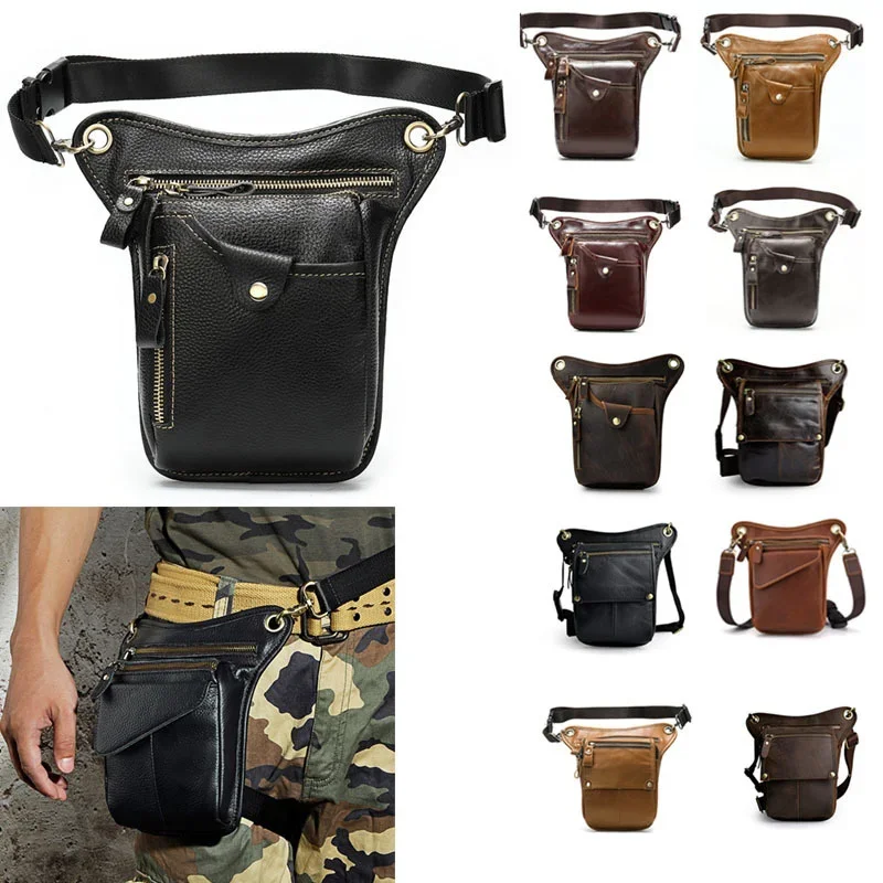 Mens Casual Genuine Leather Single Shoulder Bag Waist Belt Pack Drop Leg Bag Phone Pouch Travel Fanny pack Multifunction Design