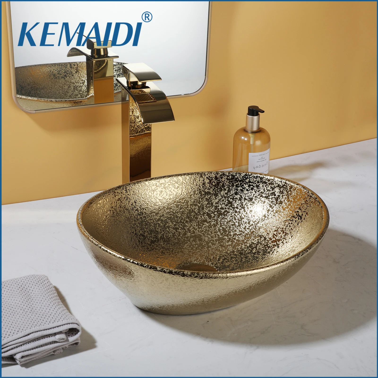 KEMAIDI Bathroom Vessel Sink Faucet Combo Shiny Gold Ceramic Vanity Bowl Oval Above Counter Basin Sink for Bar and Cloakroom