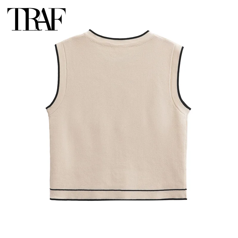 TRAF Women\'s Cropped Vest 2024 Autumn Elegant Short Tank Vest Tops Ladies Fashoin Casual Beige Striped Sleeveless Waistcoats