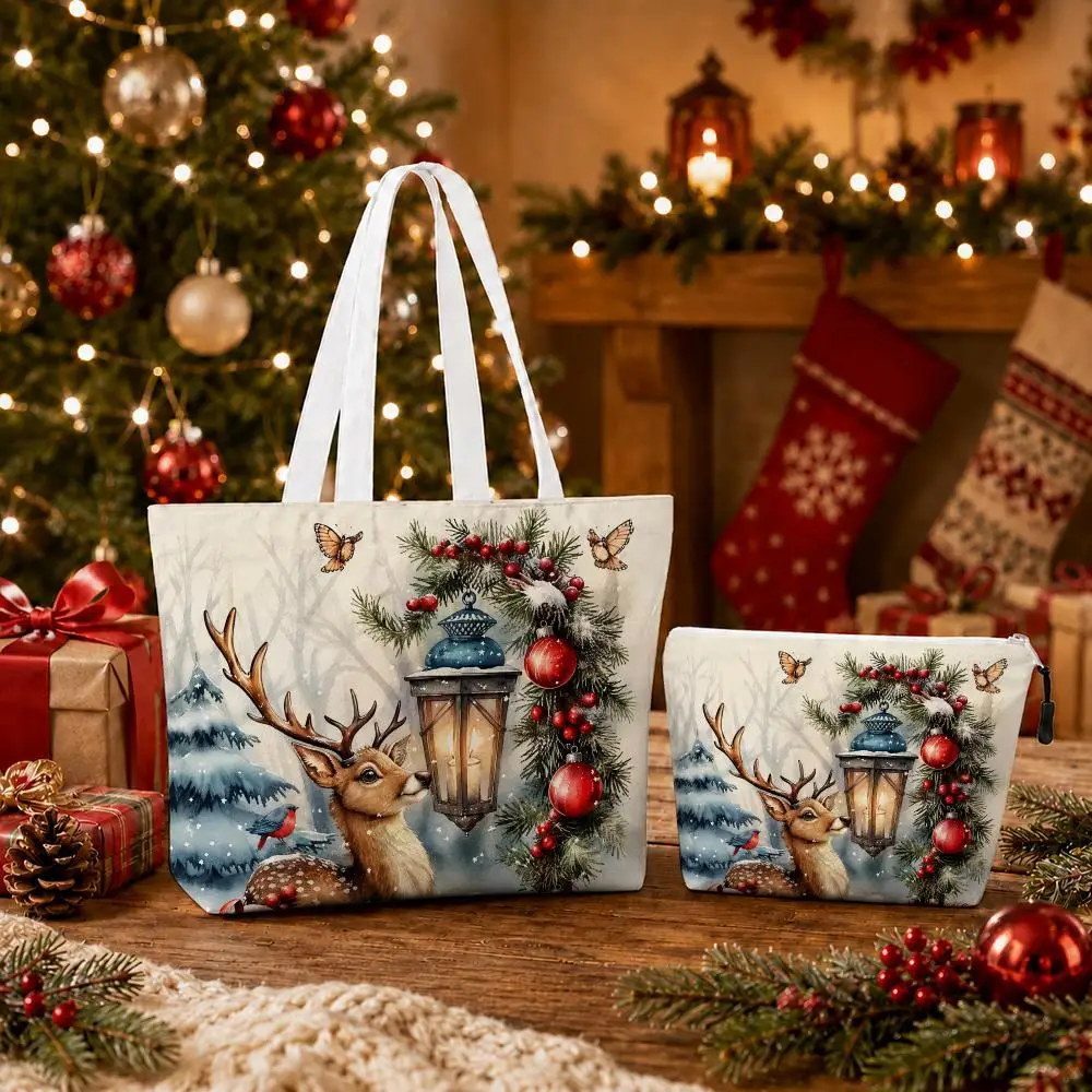 Christmas Tree Deer Snowflake Storage Bags 2PC Printed Canvas Shopping Bag Set with Zipper Pouch Foldable Tote Festival Party