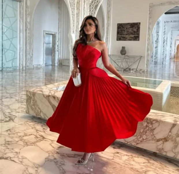 High Quality Customized Ankle Length Red Strapless Sleeveless Pleat Vestido De Festa De Casamento Kleider Damen Elegant Women
