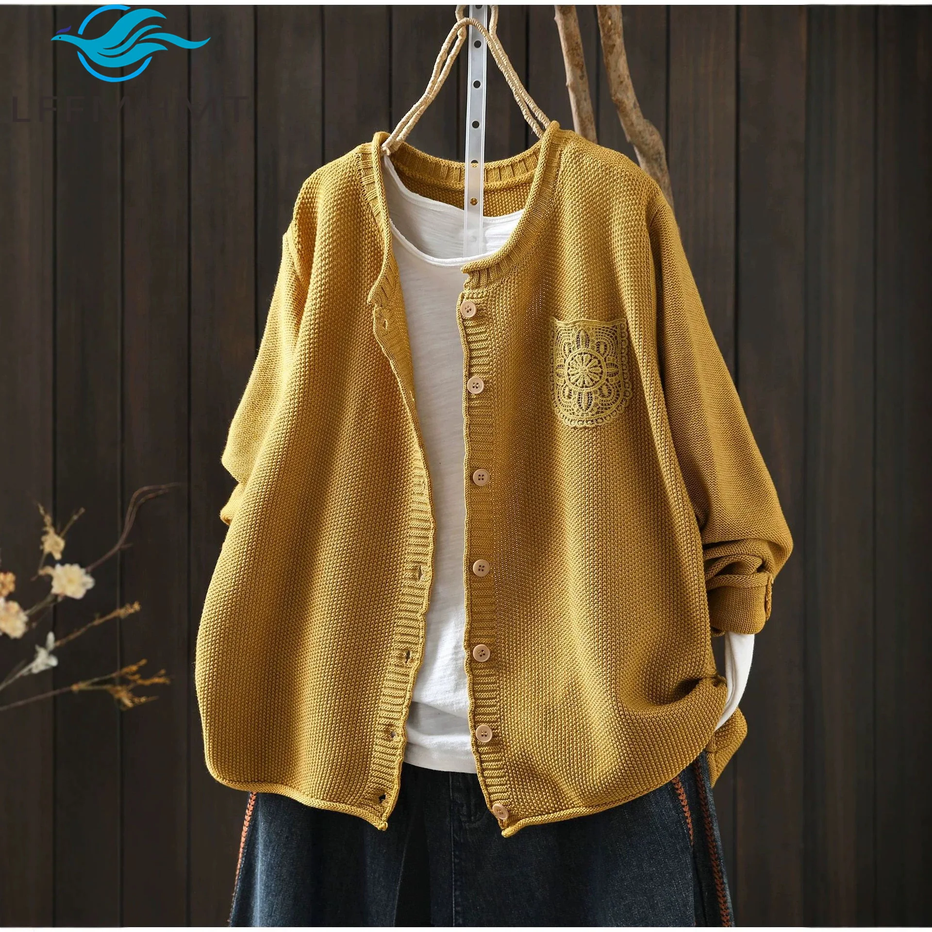 Women's Winter Fall Vintage Knit Cardigan, Long Sleeve Lace Pocket Patch Sweater, Casual Layering Open Front Tops