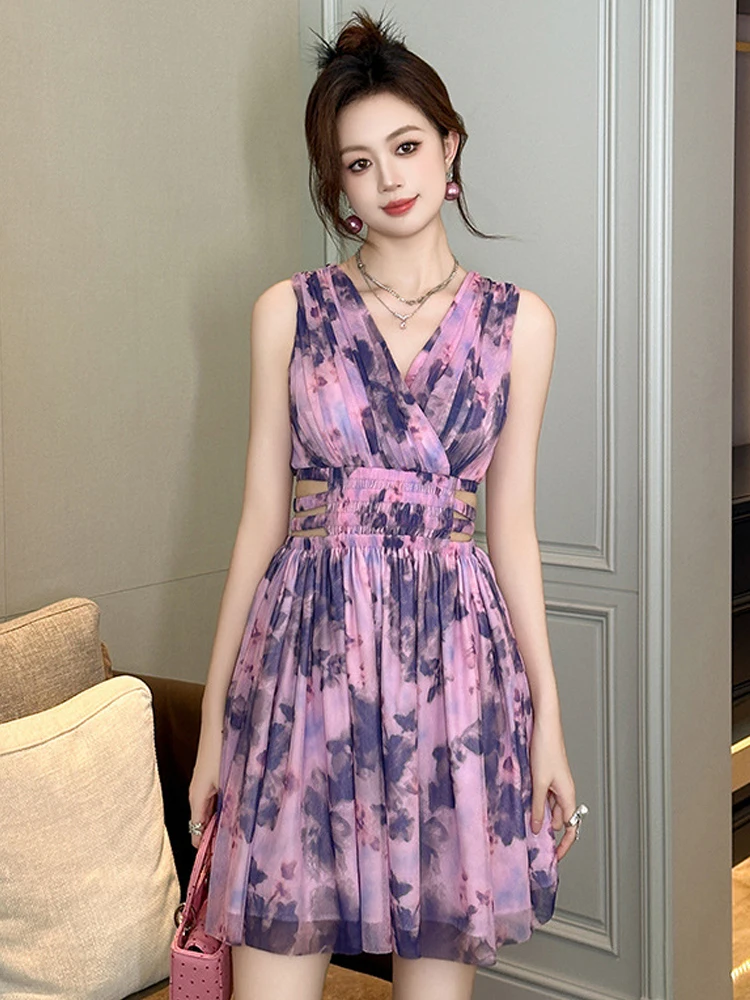 Vestiti da donna Stampa floreale Sexy senza maniche Hollow Slim Mini abito corto a trapezio Elegante moda Party Vestido Vacanza Casual Nuovo