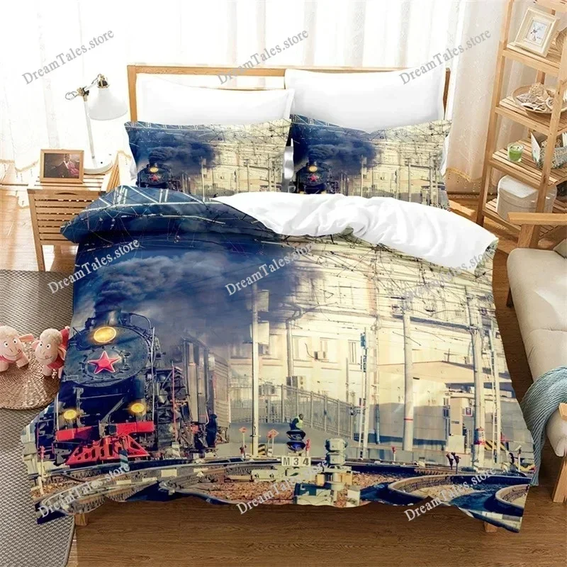 

Train Duvet Cover Full Size Boys Steam Engine Bedding Set Microfiber 3D Rail Vehicles Comforter Cover for Kids Teens Room Decor3