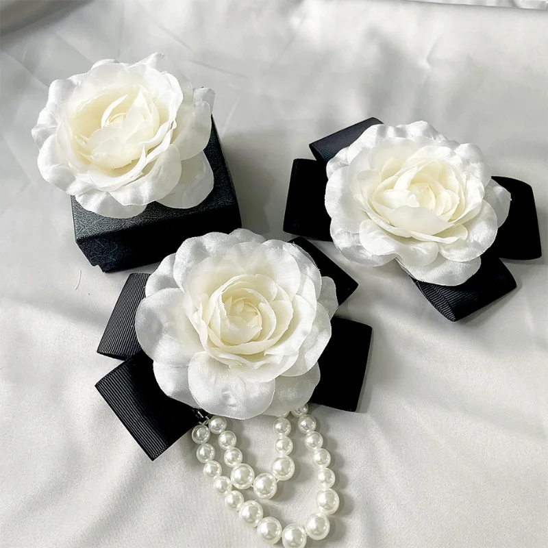 Korean Fabric Camellia Flower Brooch Pin Ribbon Bow Pearl Corsage Lapel Pins Cardigan Suit Badge Brooches for Women Jewelry