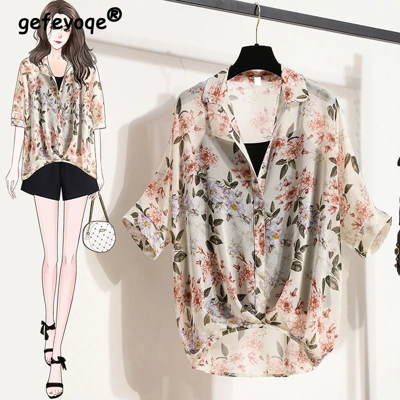 Women Floral Print Vintage Oversized Blouse Summer Fashion V Neck Irregular Thin Shirt Casual Half Sleeve Chic Top Female Blusas