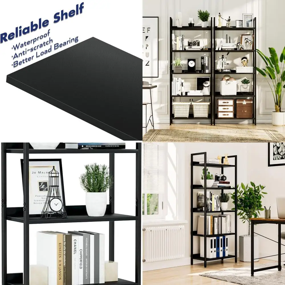 

5-Tier Black Home Office and Living Room Bookshelf Storage Organizer with Freestanding Shelving Unit