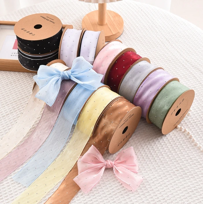 20Yards 4cm Silber Punkte Organza Gaze Verpackung Band Band Blume Geschenk box Wrap Bogen DIY Hochzeit Weihnachts feier Dekoration