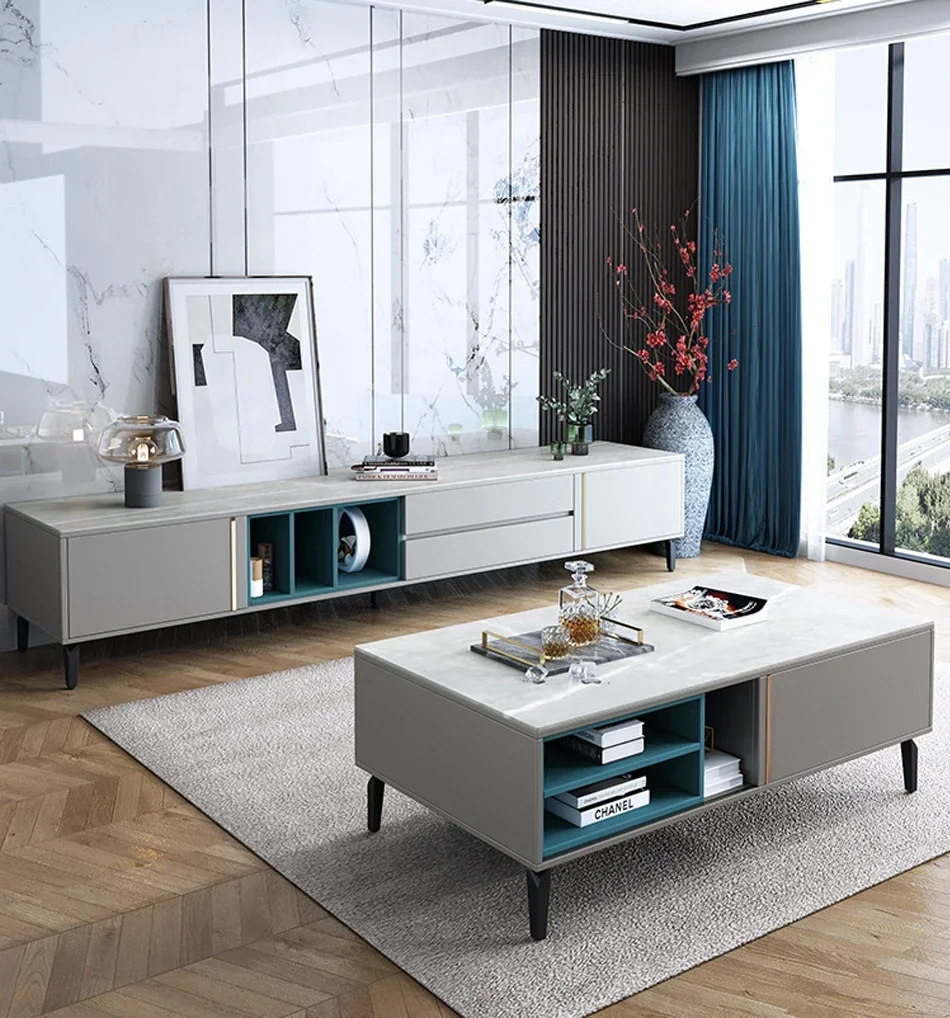 

-Wood marble center table TV unit cabinet living room furniture set modern coffee table and TV stands