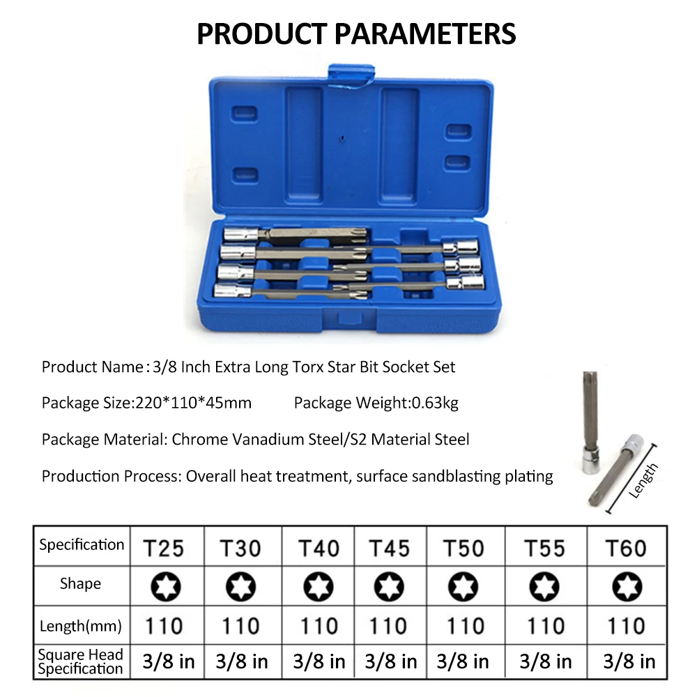 Extra Long Torx Star Bit Socket Set 7 Piece T25-T60 CR-V and S2 Material 3/8