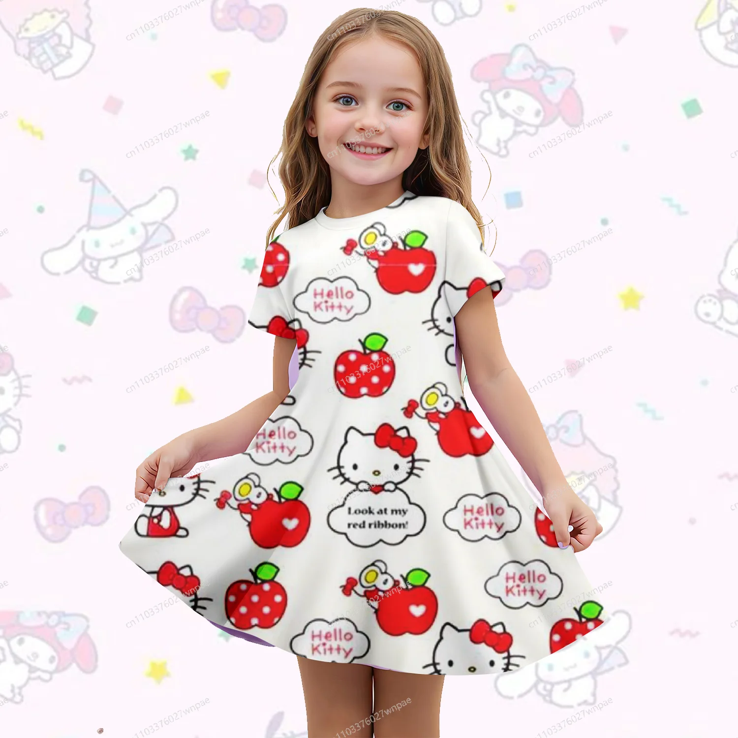 

Глобальное-горячее платье Sanrio Hello Kitty с короткими рукавами с 3D-принтом: быстросохнущее, дышащее, стильное, удобное, повседневное, для взрослых и детей, унисекс