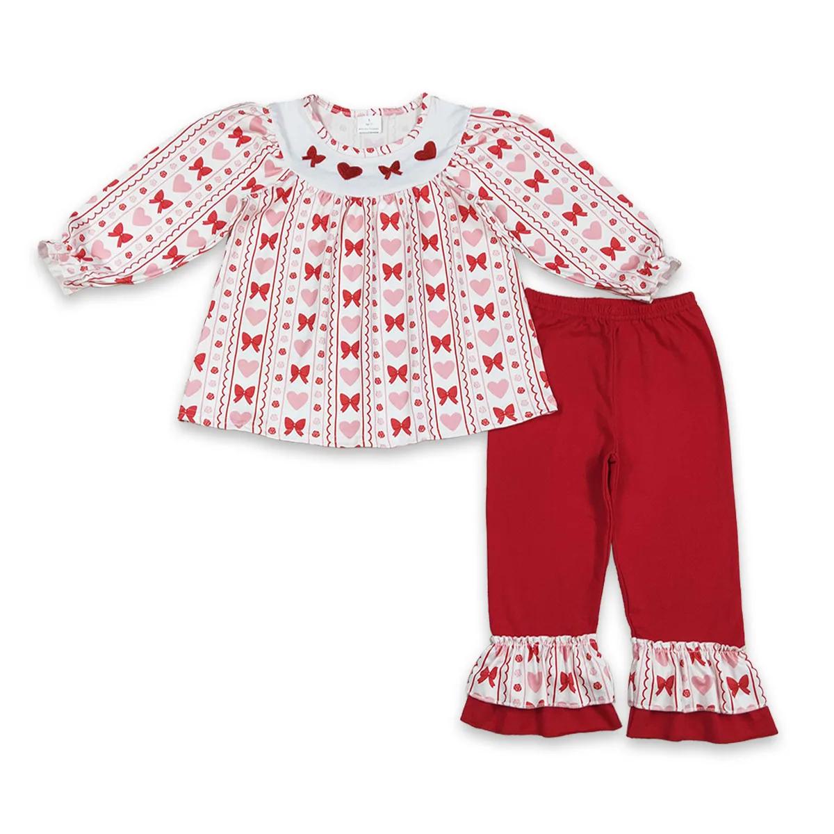 Toddler Baby Girl Long Sleeve Embroidery Bows Tunic Valentines Kids Set Ruffle Pants Clothes Outfit Children Clothing Wholesale