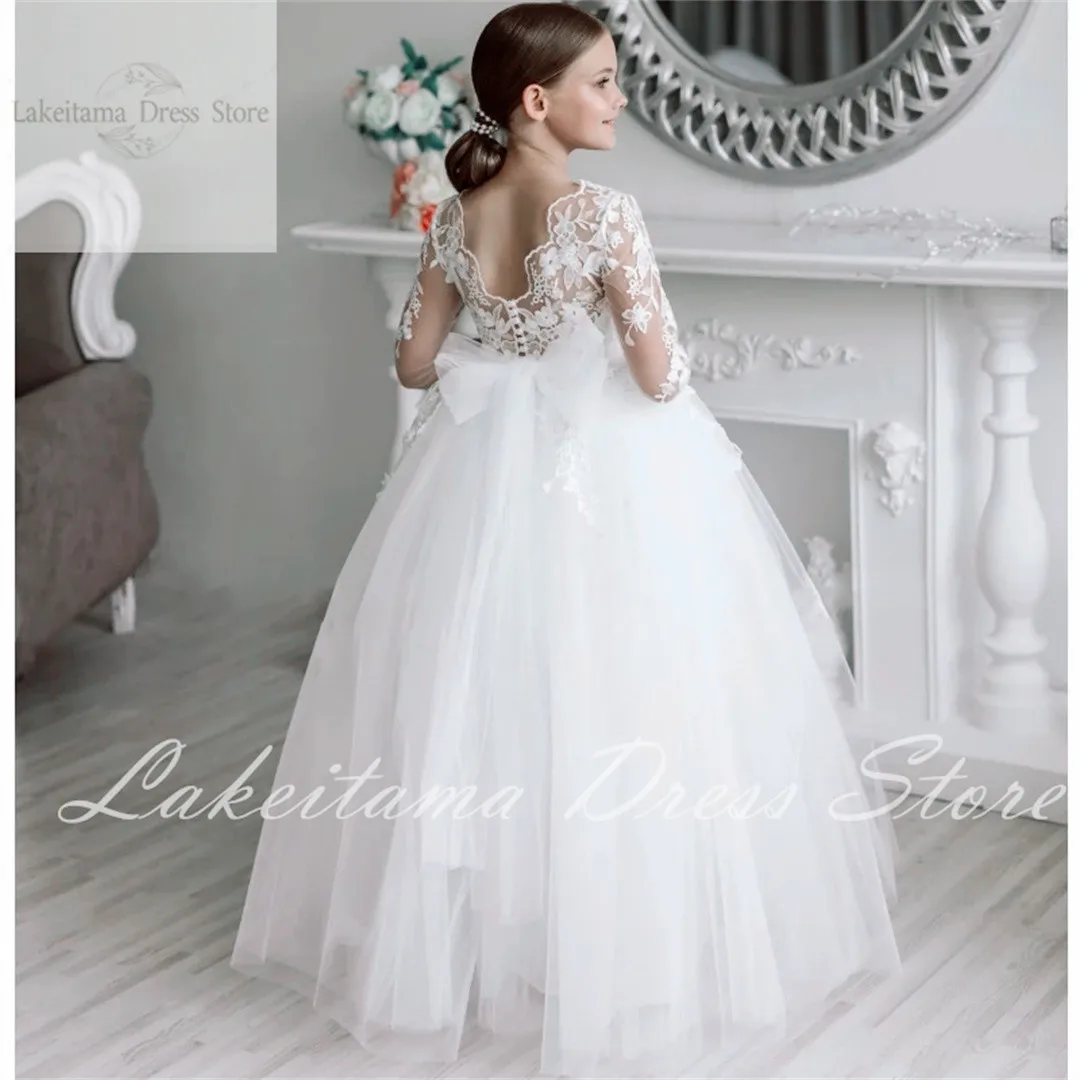 Robe de demoiselle d'honneur en dentelle blanche pour mariage, tulle, longueur au sol, manches longues bouffantes, robe d'anniversaire princesse pour enfants, robe de première communion