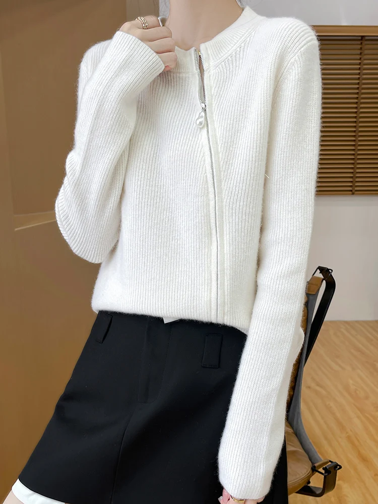 New Chic Women Cashmere Sweater Designed Bias Tape Zipper Cardigan Autumn Winter 100% Merino Wool Knitwear Soft Tops Clothing