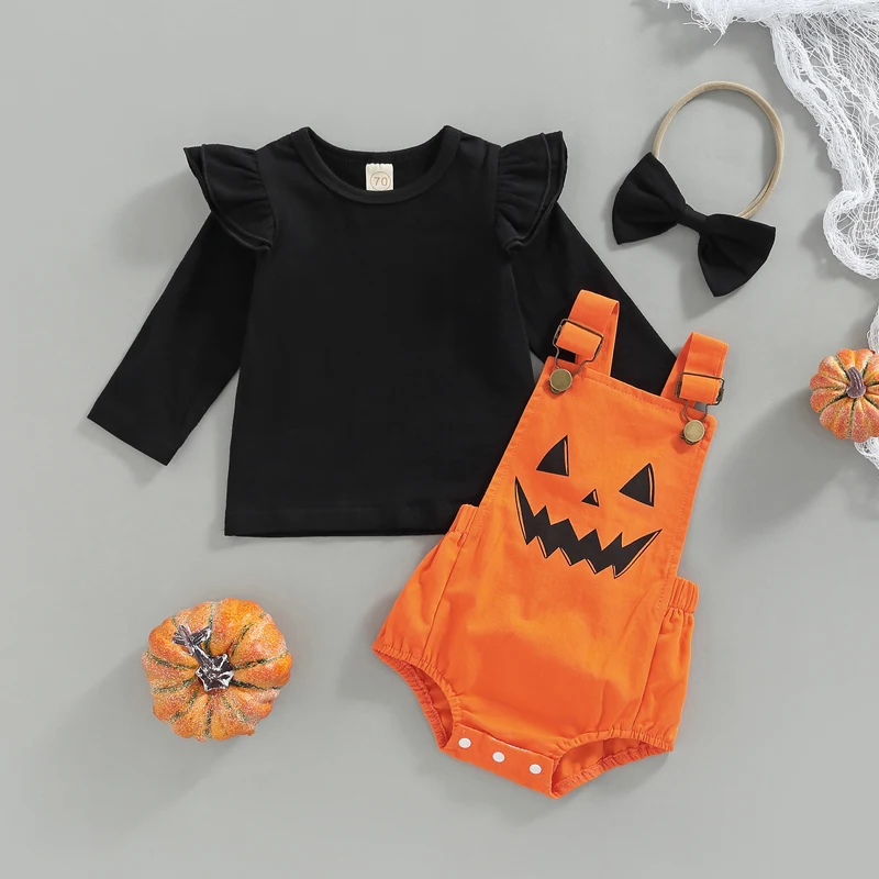 

Cute Halloween Toddler Girls Costume Orange Black Striped Long Sleeve Shirt Pumpkin Print Suspender Skirt Headband Set for