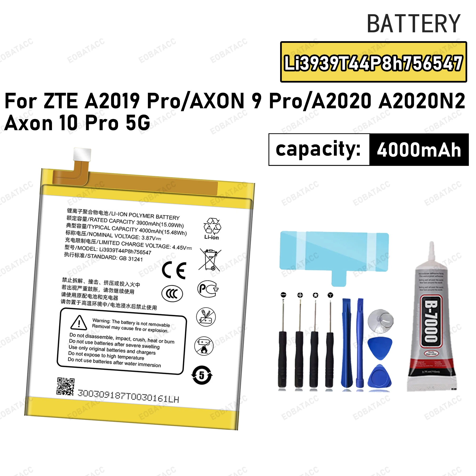 

100% New Zero Cycle Li3939T44P8h756547 4000mAh Battery For ZTE A2020 N2 Axon 10 Pro 5G Phone Batteries+Free Tools