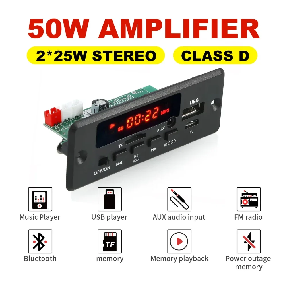 12V MP3 Decoder Board 50W Amplifier 25W 5V 18V Bluetooth 5.0 USB TF FM Radio Module For Speaker With Handsfree Voice Record