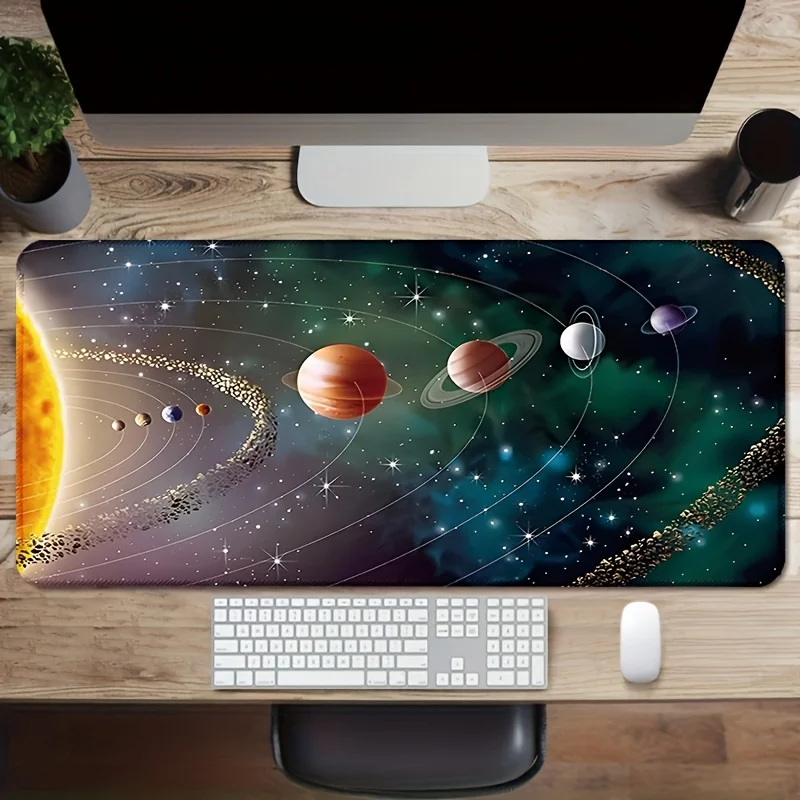 Solar System Planets Space Desk Mat Extra Large Stitched Edges Non-Slip Rubber Gaming Mouse Pad
