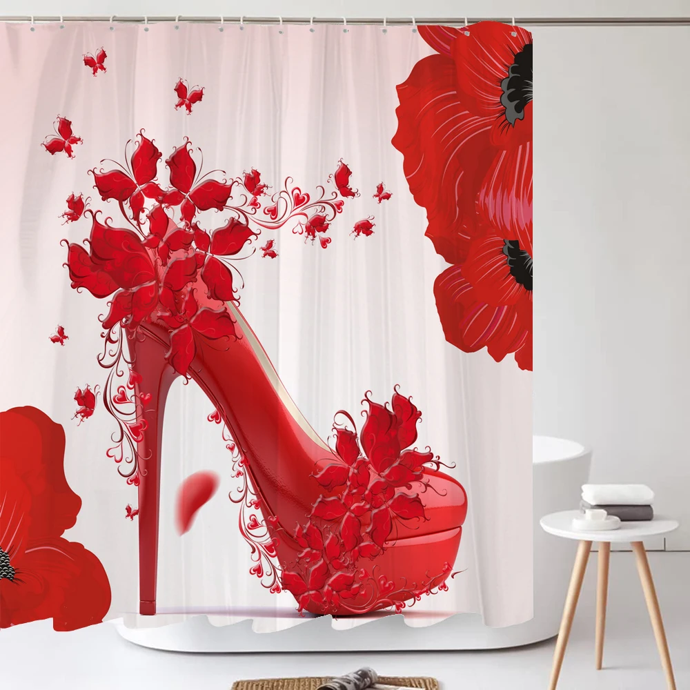 Red high-heeled Shoes Print Shower Curtain Girl Bathroom Partition Waterproof Bath Screen Toilet Bathtub Mat Set Home Decoration