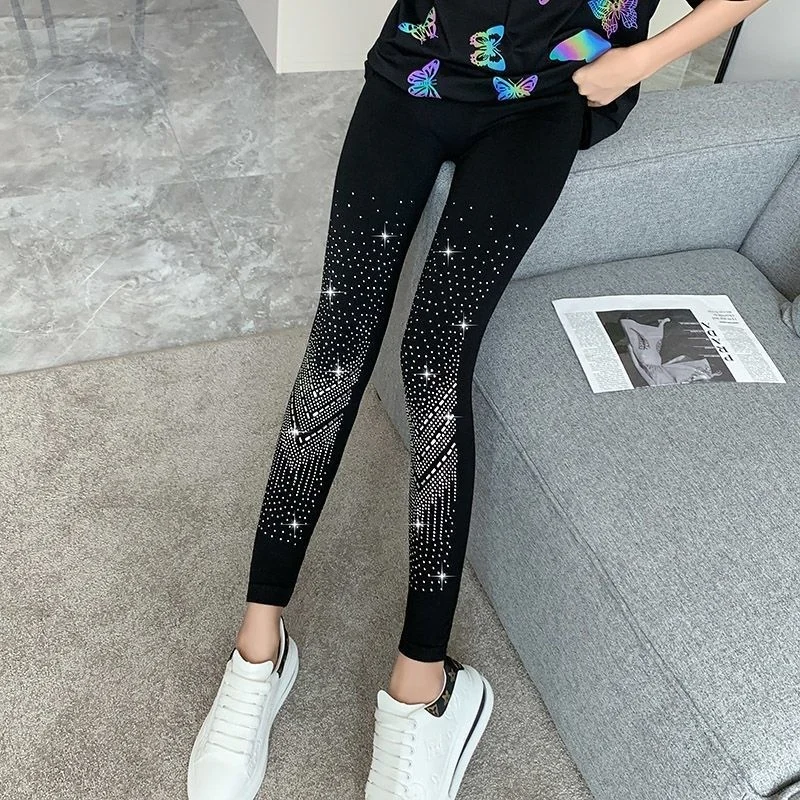 Autumn Winter Women Diamonds Sequin Black Party Club Leggings High Elastic Skinny Warm Trousers Pants