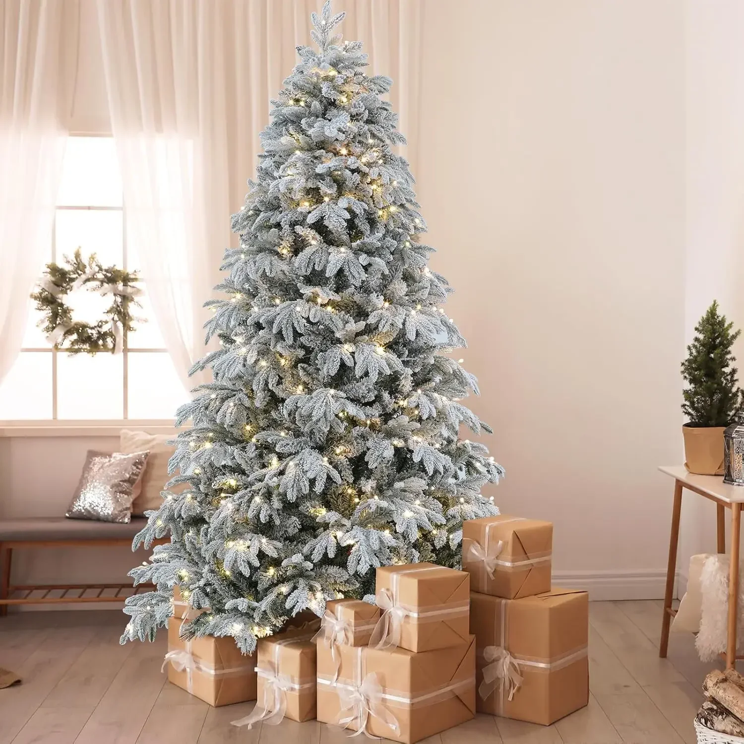 Christmas Tree 7.5 ft, Prelit Flocked Christmas Tree with 10 Function Lights, Hinged Christmas Trees Prelit with Metal Base