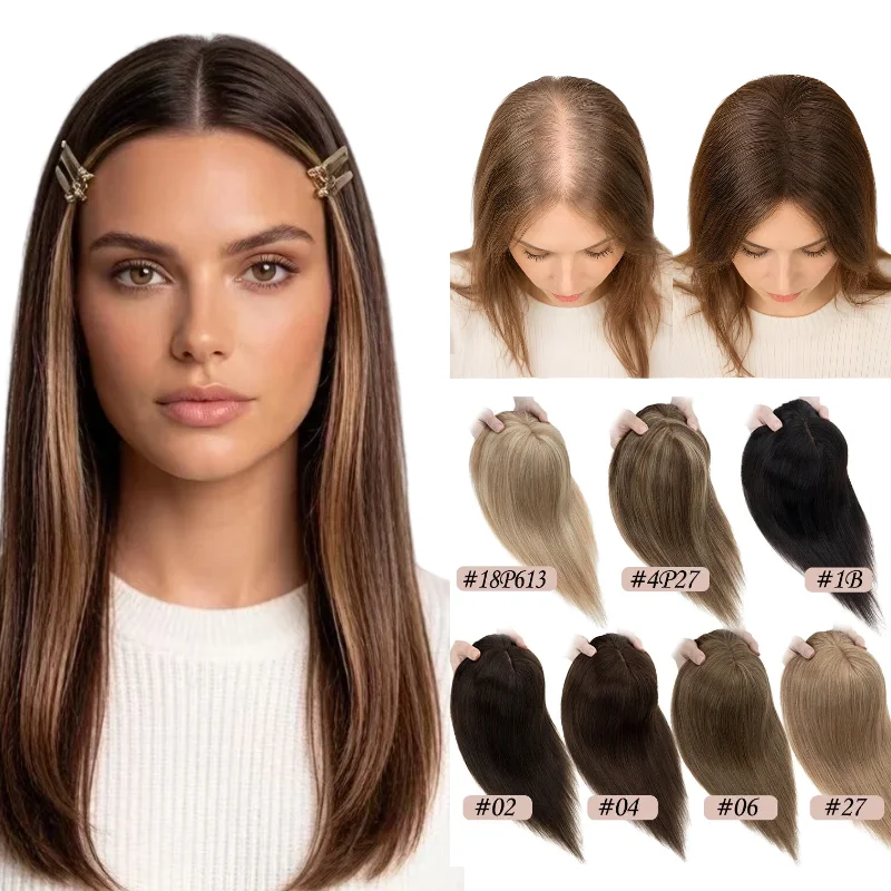 100% Human Hair Machine Made Silk Lace Base Clip In Women Topper Middle Part 7x10 25cm #4 P4-613 80% Density In Stock 48H