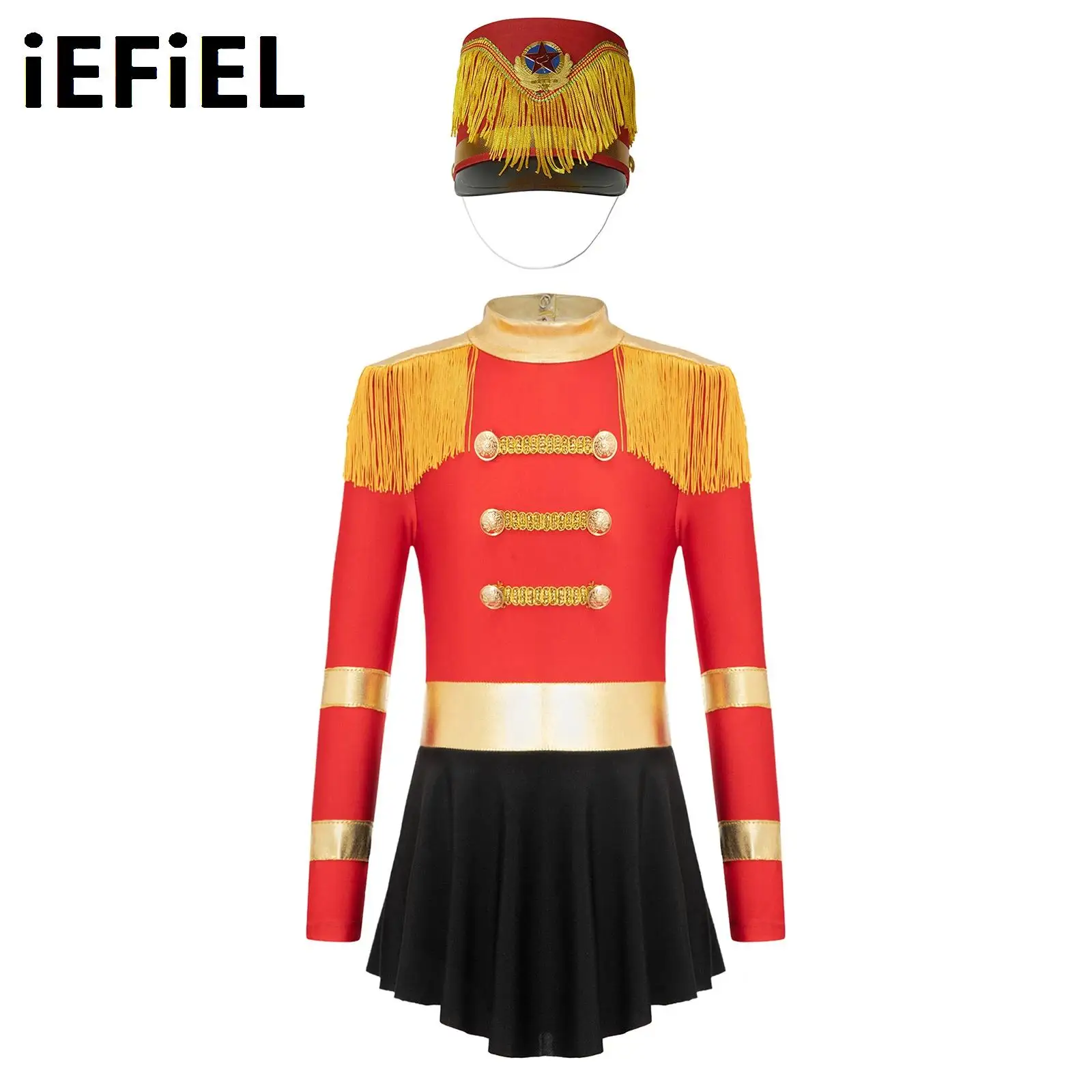 

Kids Girls Circus Ringmaster Cosplay Costume Jumpsuit Set Long Sleeve Fringe Epaulet Cutout Back Jumpsuit with Hat Set