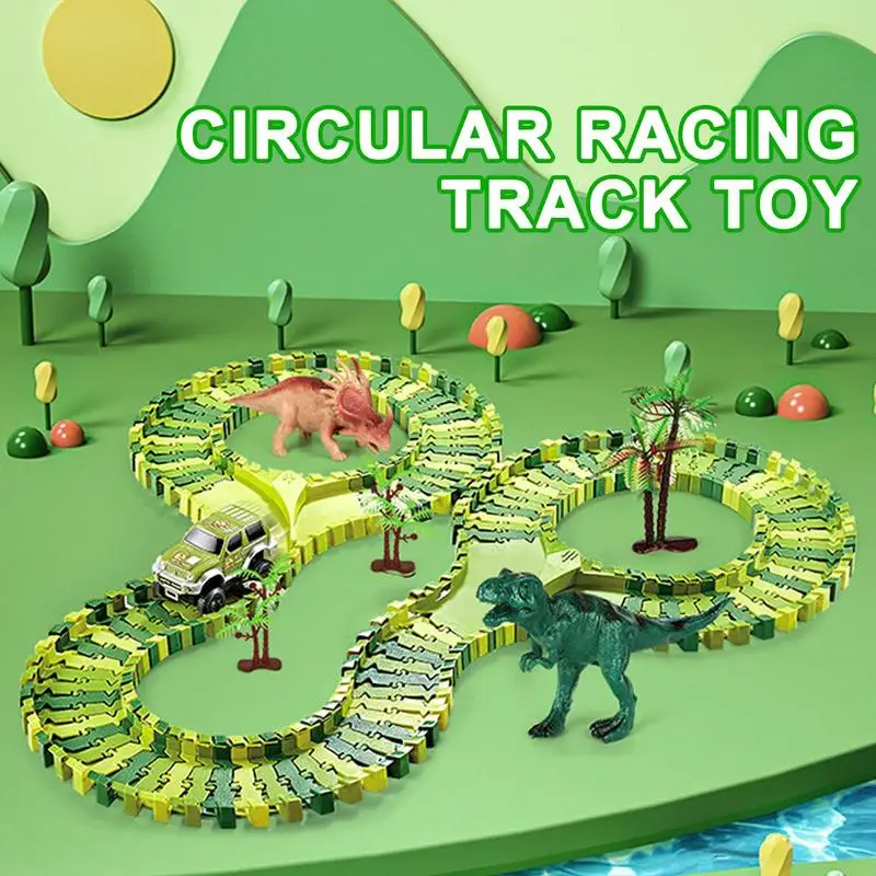 Dinosaur Car Track Flexible Track Playset STEM Building Toys For Boys Girls Ages 3 Includes 1 Cool Race Car And 2 Dinosaur Toys