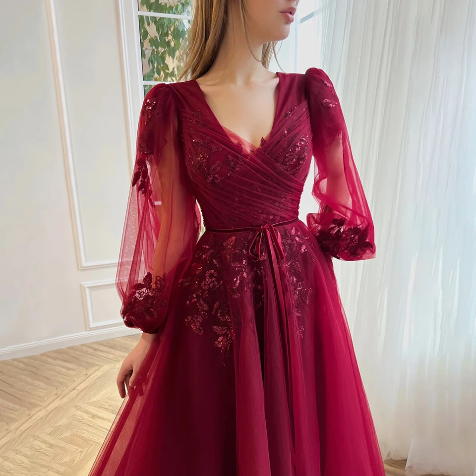 Gaun Malam Formal Applique Renda Lengan Bengkak Burgundy Kustom 2025 Gaun Prom Pesta Panjang Panjang Selantai Tulle untuk Wanita