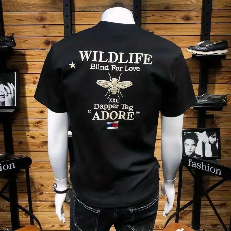 Men's Fashion Casual Spring Autumn T-Shirts Tees with Embroidered Back Little Bee Brand Slim O Neck Shiny Cotton Half Sleeve Top