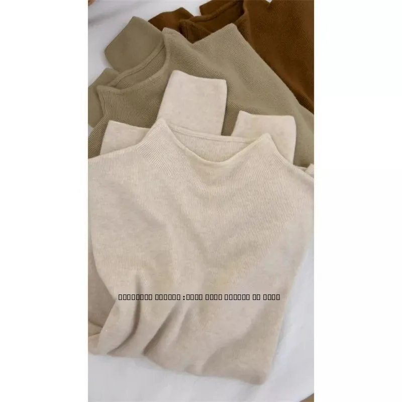 

Slim Fit Long Sleeve Base Shirt Women's Versatile Knitted Top Autumn Winter Color Commute Style Elastic Fiber Polyester
