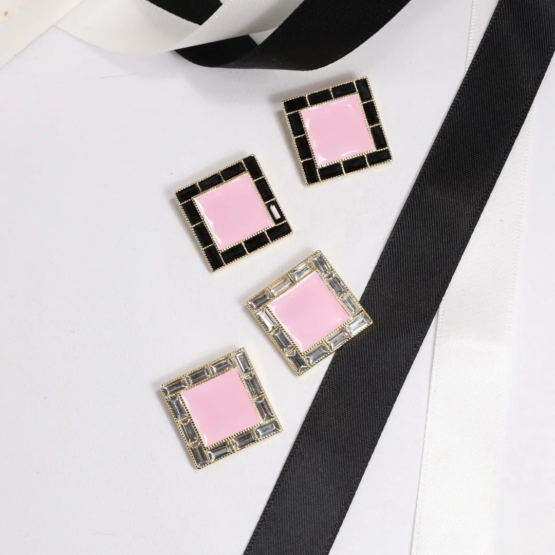 

Square rhinestone pink enamel stud earrings