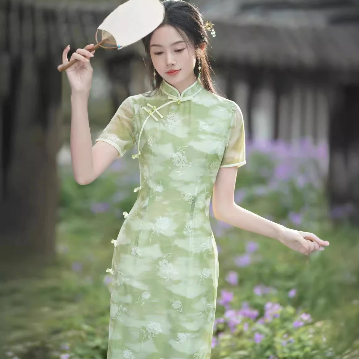 Vintage Chinese Style Dress Green Summer Print Cheongsam Elegant Short Sleeve High Split Qipao for Woman