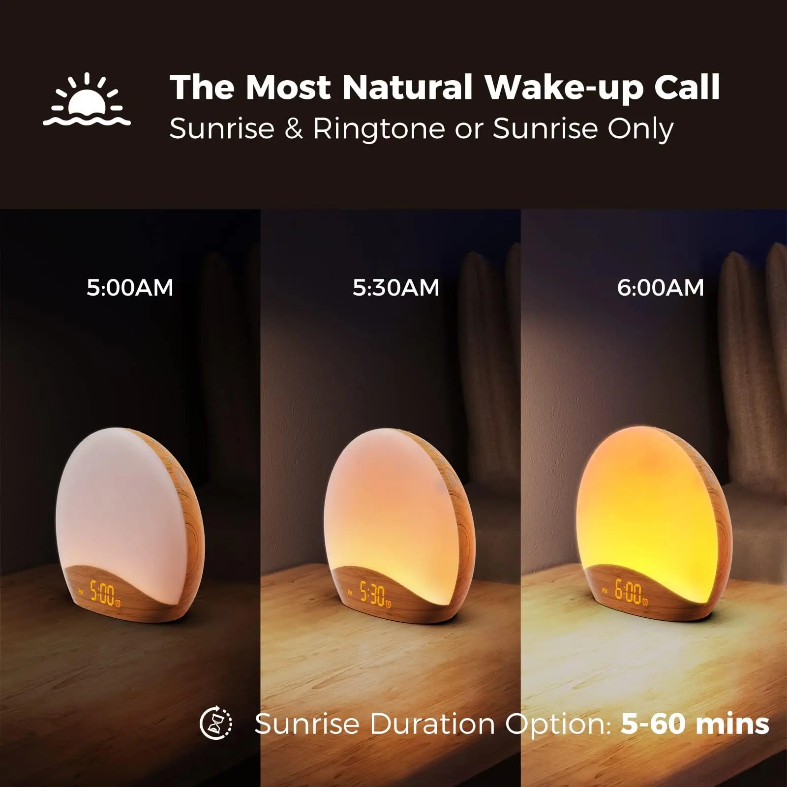 Wood Grain Sunrise Alarm Clock & Sound Machine Nightlight,Digital Dimmable Clock for Bedroom,26 Sleep Sounds,for Baby,Adults,Kid