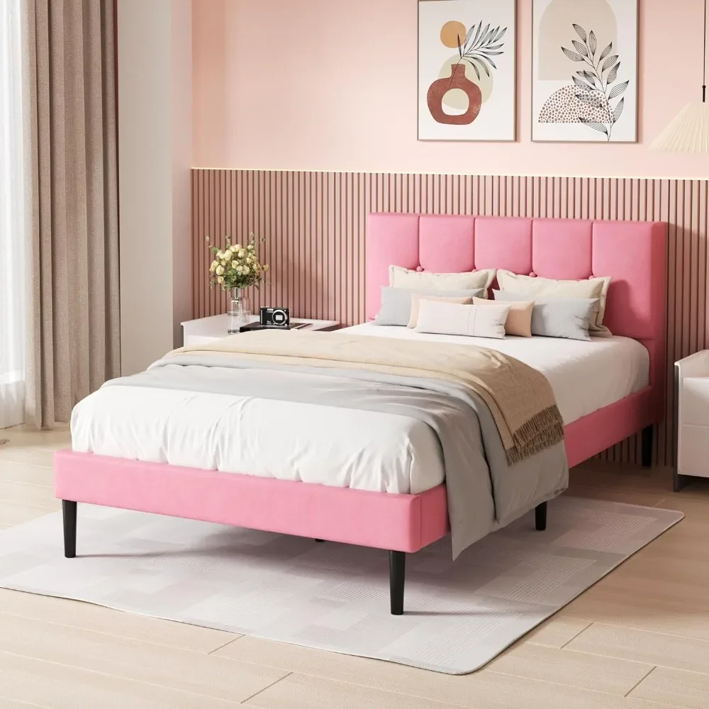 Cadre de lit double en velours sans bruit, base de matelas avec support de lattes en bois