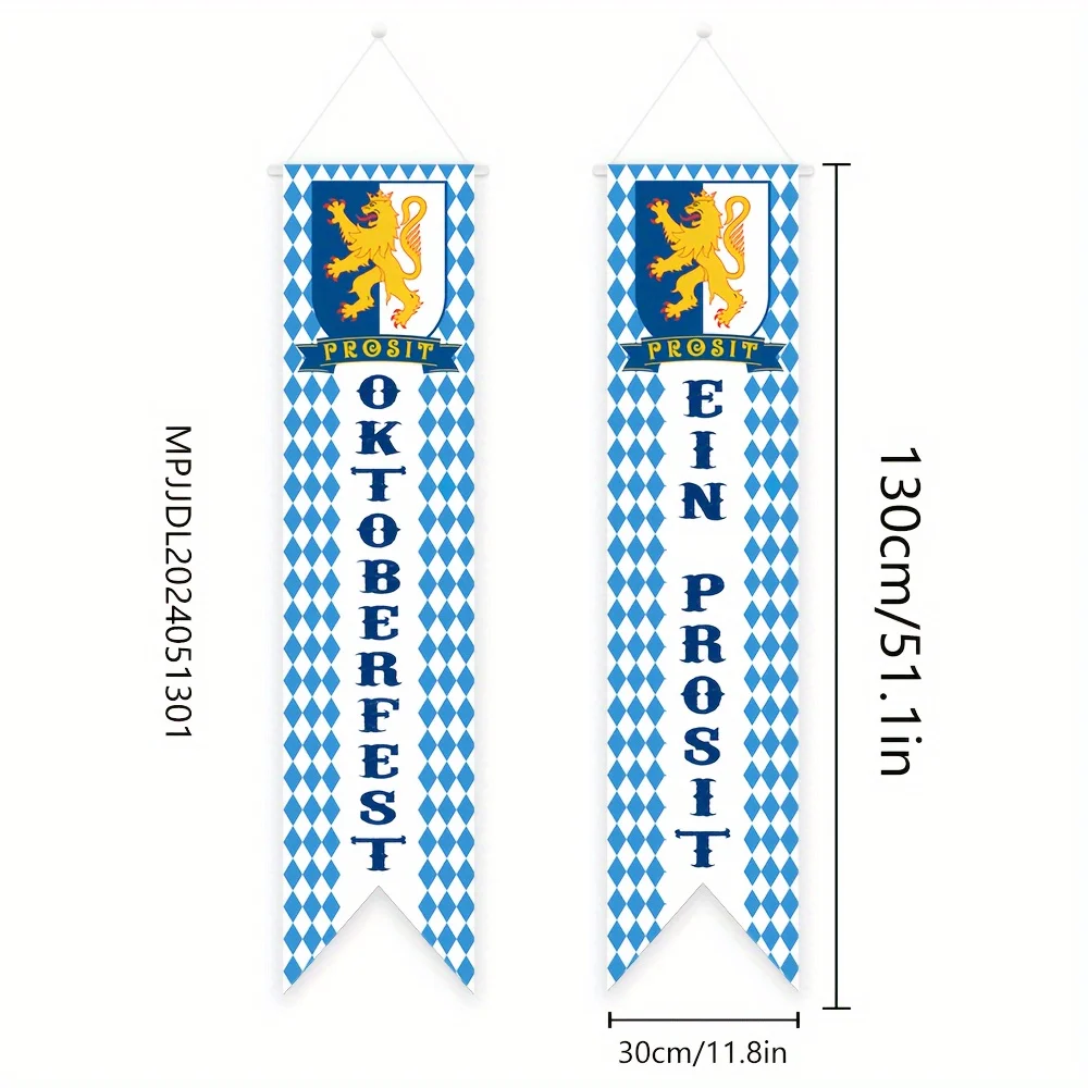 2-teiliges Oktoberfest-Willkommensbanner-Set, 51,1 x 11,8 Zoll, Blau-Weiße Bayerische Fahnen, Veranda-Dekoration für das Deutsche Bierfest – Detail 3