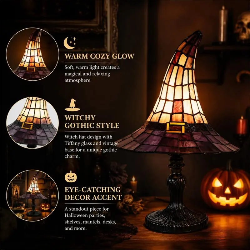 Stained Glass Style Night Light Gothic Accent Lamp Witch Hat Lamp For Bedroom Bookshelf Witchy Room Aesthetic Table Decor