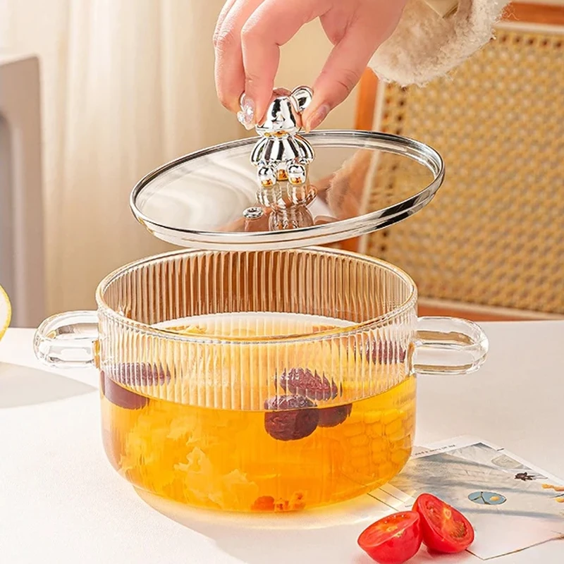 Glastopf, Suppentopf, hochtemperaturbeständig, mit Deckel, Doppelgriffe, transparentes Borosilikat-Induktionskochpfanne für die Küche
