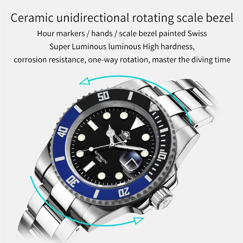 ADDIESDIVE relojes mecánicos automáticos con calendario de cristal de zafiro 20Bar reloj luminoso resistente al agua para hombres relojes Masculino