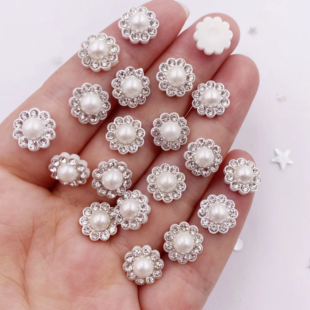 50pcs Resin Flower Round Pearl  Flatback Crystals Nail Rhinestone Applique Wedding DIY Scrapbook Ornament Craft Accessories SV01