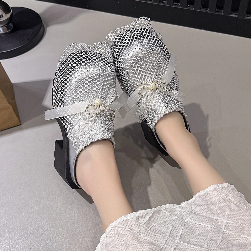 

Elegant Women Summer Fashion Fishnet Beaded Bow Design Round Toe Chunky Heels Platform Sandals Slides Mules Patry Slippers Shoes