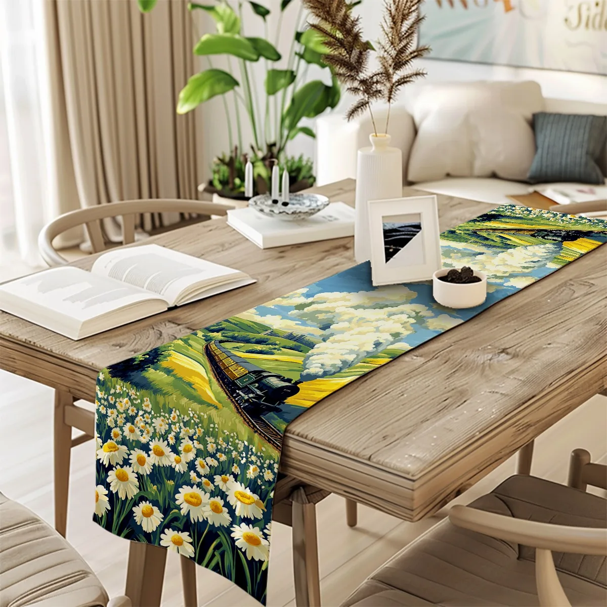 decor table runner Daisy Floral Pattern Impressionist Style tablecloths for Housewarming,Occasions,Outdoor Gatherings,Indoor Roo