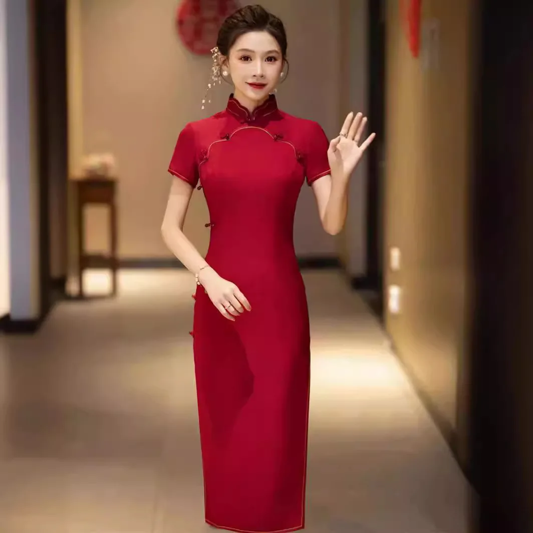 Red High-End Quality Real Silk Cheongsam Qipao Wedding Wedding Reception Clothes Chinese Dress