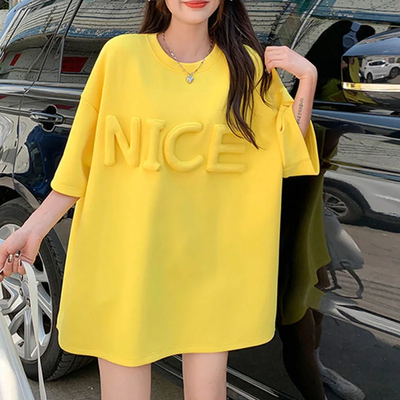 2023 Summer Fashion Round Neck Three-dimensional Letter Loose Casual Versatile Oversized Mid Length Short Sleeved Large T-shirt