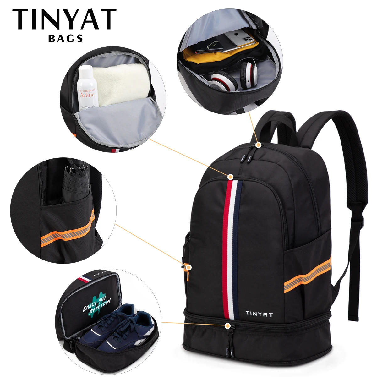 TINYAT Sports Backpack Women\'s Waterproof Bag Purse Back to School Men\'s Foldable Travel Backpack with Shoe Storage for Gym